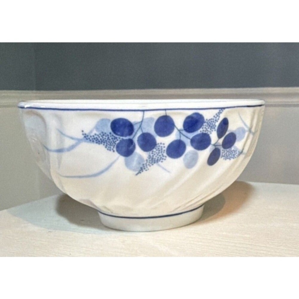 White Blue Ceramic Pottery Bowl Berries Pattern Glossy Round 7 in Diameter